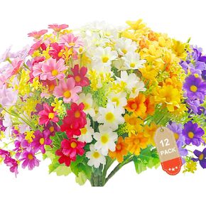 Aufind 16 Bundles Artificial Daisies Flowers Outdoor Fake Plants White Gerber Daisy Fake Foliage Greenery Faux Plants for Graves Hanging Outside Planter Window Box Wedding Decoration