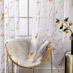 Gold Black Marble Sheer Curtains for Bedroom Living Room 2 Panels, Metallic Golden 84 Inch Length,Rod Pocket Privacy Sparkle Glitter for Halloween Decor Window Treatments, 52" X 84"