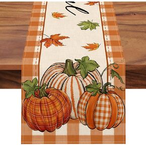 Seliem Thanksgiving Thankful Pumpkin Table Runner, Fall Maple Leaves Buffalo Plaid Check Farmhouse Kitchen Dining Table Decor, Autumn Holiday Home Decoration Indoor Outdoor Party Supply 13 x 72 Inches