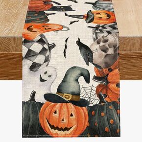 PANDICORN Halloween Table Runner 13x72 Inch, Jack-O-Lantern Pumpkin Ghost Black Cat Bats Seasonal Table Runner Halloween Kitchen Dining Coffee Table Decor for Home Parties Gatherings Decorations
