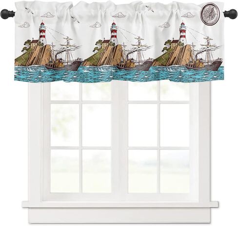 الستارة الستارة الخفيفة للمنزل للنوافذ/غرفة المعيشة/المطبخ/مزرعة الحمام، ستارة شراعي قديمة للمحيط الساحلي البحري بجيب قصير، معالجة نافذة بطبقة واحدة، لوحة واحدة مقاس 54 × 18 in Kuwait