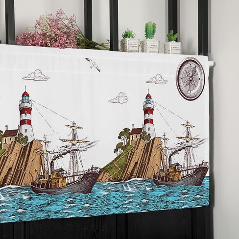 الستارة الستارة الخفيفة للمنزل للنوافذ/غرفة المعيشة/المطبخ/مزرعة الحمام، ستارة شراعي قديمة للمحيط الساحلي البحري بجيب قصير، معالجة نافذة بطبقة واحدة، لوحة واحدة مقاس 54 × 18 in Kuwait