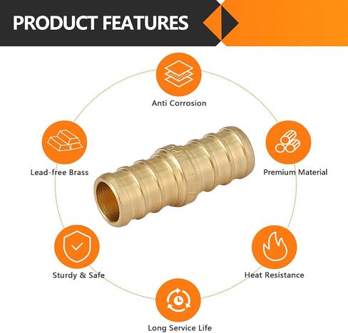 10-Pack PEX Fittings, 1/2"x1/2" Pex Straight Coupling, Brass Crimp Fitting for Pex Pipes, ASTM F1807 in Saudi Arabia