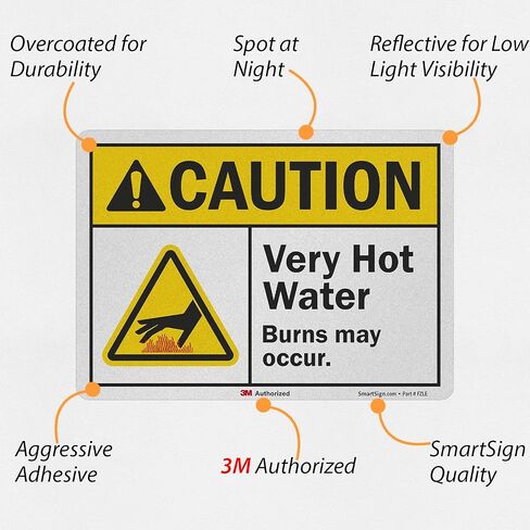 SmartSign 5 × 7 بوصة "تحذير - ماء ساخن جدًا، قد تحدث حروق" ملصق ANSI، 5.5 مل فينيل مصفح، مادة عاكسة بدرجة مهندس 3M، متعدد الألوان in Saudi Arabia