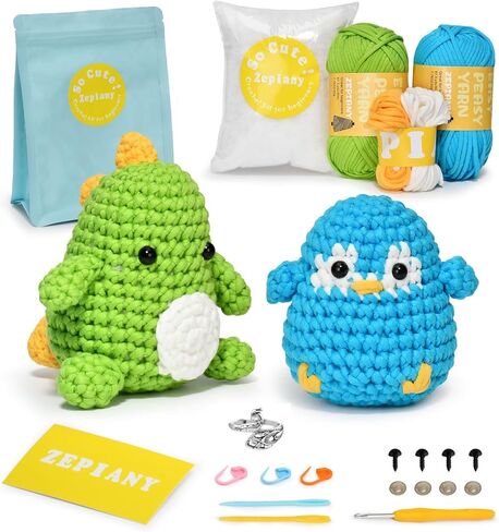 Beginners Crochet Kit, Crochet Animal Kit, All in One Crochet Knitting Kit, Crochet Kit for Beginners with Step-by-Step Video Tutorials - The Penguin&Dinosaur in Kuwait