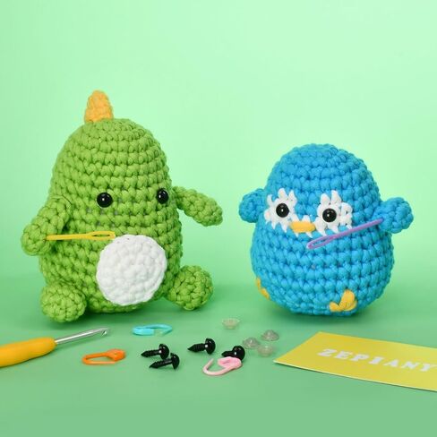 Beginners Crochet Kit, Crochet Animal Kit, All in One Crochet Knitting Kit, Crochet Kit for Beginners with Step-by-Step Video Tutorials - The Penguin&Dinosaur in Kuwait