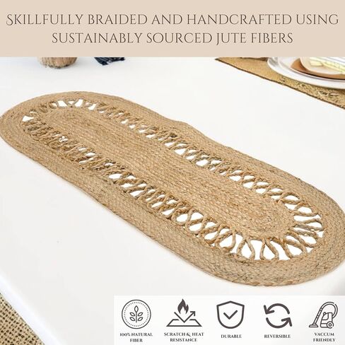Jute Runner Table 13x36 inches Decorative Rustic Oval Runners Made of Organic Eco Friendly Natural Hand-Woven Jute Runner Area Rug for Indoor Dining Table (Oval Link, 13"X36") in Saudi Arabia
