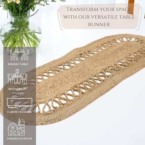 Jute Runner Table 13x36 inches Decorative Rustic Oval Runners Made of Organic Eco Friendly Natural Hand-Woven Jute Runner Area Rug for Indoor Dining Table (Oval Link, 13"X36") in Saudi Arabia