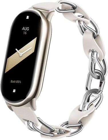 XIHAMA Compatible for Xiaomi Mi Band 8 Band,Replacement Strap Openwork Design Stainless Steel Ring Leather Chain Belt Mi band 9 Belt Breathable Elegant Replacement Band for Ladies in Saudi Arabia