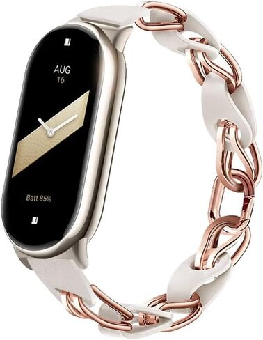 XIHAMA Compatible for Xiaomi Mi Band 8 Band,Replacement Strap Openwork Design Stainless Steel Ring Leather Chain Belt Mi band 9 Belt Breathable Elegant Replacement Band for Ladies in Saudi Arabia