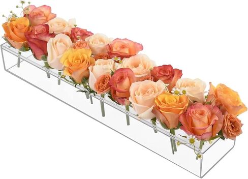 مزهريات زهور مستطيلة من الأكريليك الشفاف مزهريات حديثة بطول 17.7 بوصة قطعة مركزية مستطيلة من الزهور لطاولة الطعام مزهرية تزيين منخفضة لحفلات الزفاف وحفلات عيد الميلاد وديكور طاولة الطعام المنزلية (18 فتحة) in Kuwait