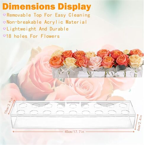 مزهريات زهور مستطيلة من الأكريليك الشفاف مزهريات حديثة بطول 17.7 بوصة قطعة مركزية مستطيلة من الزهور لطاولة الطعام مزهرية تزيين منخفضة لحفلات الزفاف وحفلات عيد الميلاد وديكور طاولة الطعام المنزلية (18 فتحة) in Kuwait