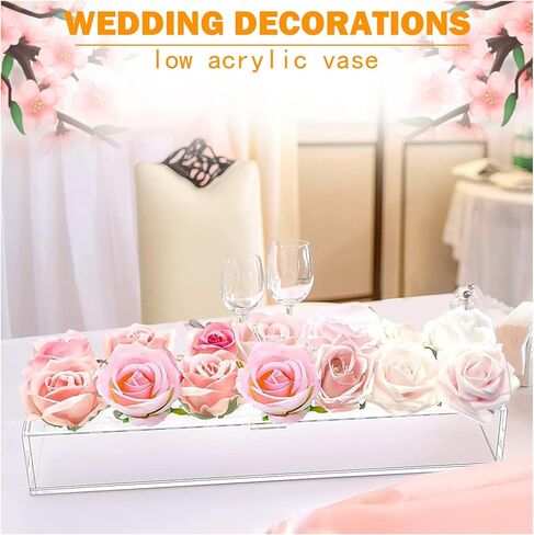 مزهريات زهور مستطيلة من الأكريليك الشفاف مزهريات حديثة بطول 17.7 بوصة قطعة مركزية مستطيلة من الزهور لطاولة الطعام مزهرية تزيين منخفضة لحفلات الزفاف وحفلات عيد الميلاد وديكور طاولة الطعام المنزلية (18 فتحة) in Kuwait