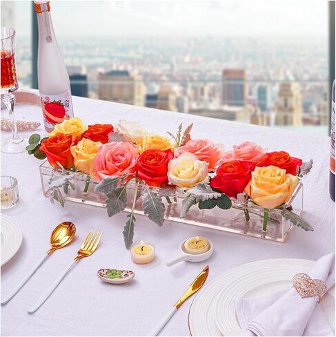 مزهريات زهور مستطيلة من الأكريليك الشفاف مزهريات حديثة بطول 17.7 بوصة قطعة مركزية مستطيلة من الزهور لطاولة الطعام مزهرية تزيين منخفضة لحفلات الزفاف وحفلات عيد الميلاد وديكور طاولة الطعام المنزلية (18 فتحة) in Kuwait