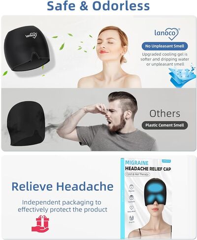 Migraine Relief Cap, Cool Gel Head Wrap, Natural Hot & Cold Therapy, Reusable Ice Pack Hat - Migraine Eyes Mask for Anxiety, Tension, Stress, Sinus, Hangover, Puffy Eyes Relief, Black in Kuwait