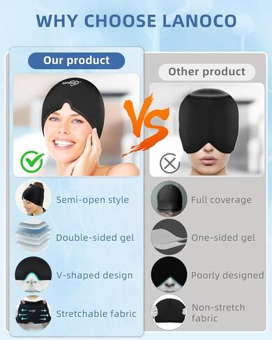 Migraine Relief Cap, Cool Gel Head Wrap, Natural Hot & Cold Therapy, Reusable Ice Pack Hat - Migraine Eyes Mask for Anxiety, Tension, Stress, Sinus, Hangover, Puffy Eyes Relief, Black in Kuwait