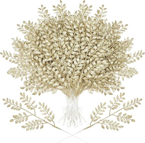 Zeyune 100 Pcs 14.6 Inch Glitter Artificial Christmas Picks Shinny Leaf Spray Christmas Tree Picks and Sprays Floral Picks for Xmas Winter Wreath Vase Fillers DIY Floral Arrangements (Champagne Gold) in Saudi Arabia