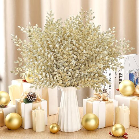 Zeyune 100 Pcs 14.6 Inch Glitter Artificial Christmas Picks Shinny Leaf Spray Christmas Tree Picks and Sprays Floral Picks for Xmas Winter Wreath Vase Fillers DIY Floral Arrangements (Champagne Gold) in Saudi Arabia