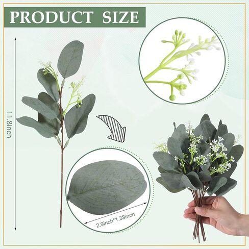 40 قطعة من أوراق الأوكالبتوس الاصطناعية من جانينكا مع بذور بيضاء، نبات أوراق الأوكالبتوس الفضية المزيفة لباقات الزفاف، نباتات خضراء للمنزل، مزهرية، باقات زهور، ديكور الزفاف in Kuwait