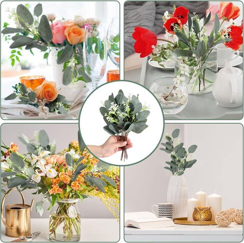 40 قطعة من أوراق الأوكالبتوس الاصطناعية من جانينكا مع بذور بيضاء، نبات أوراق الأوكالبتوس الفضية المزيفة لباقات الزفاف، نباتات خضراء للمنزل، مزهرية، باقات زهور، ديكور الزفاف in Kuwait