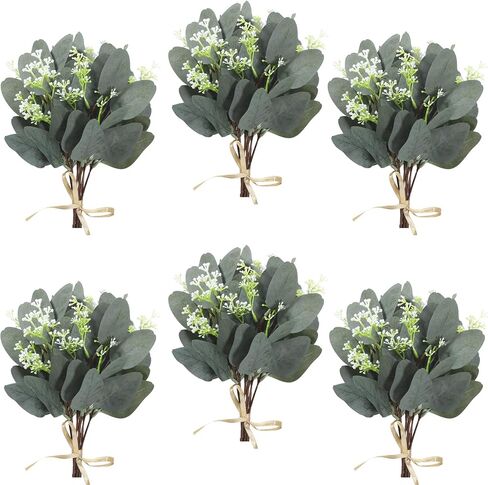 40 قطعة من أوراق الأوكالبتوس الاصطناعية من جانينكا مع بذور بيضاء، نبات أوراق الأوكالبتوس الفضية المزيفة لباقات الزفاف، نباتات خضراء للمنزل، مزهرية، باقات زهور، ديكور الزفاف in Kuwait