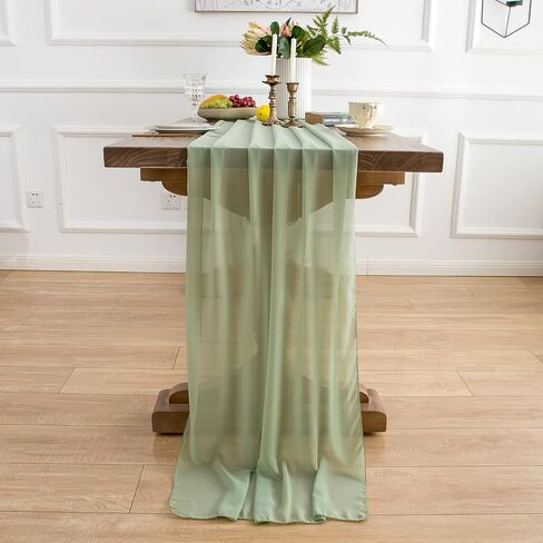 WELTRXE 4 Pack Sage Green Chiffon Table Runner 27.5x120 Inches Romantic Sheer Wedding Table Runner 10Ft Green Tulle Fabric Party Table Decorations for Wedding, Birthday Party, Bridal & Baby Shower in Saudi Arabia