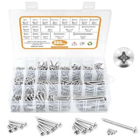 460PCS Stainless Steel Wood Screws Assortment Kit, 18 Sizes #4#6#8#10#12 Phillips Pan Head Sheet Metal Screws Self Tapping Screws Set for Wood Deck Drywall Concrete Screws, Length 1/4" to 2"