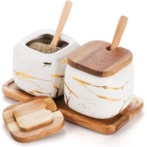 Dicunoy 2 Pack Ceramic Sugar Bowl, Salt and Sugar Container with Lids and Spoons, Coffee Bar Porcelain Sugar Creamer, Condiment Spice Pots with Wooden Tray for Table, Kitchen, Countertop