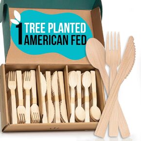 Bamboo Cutlery Set 300 Pcs (100 Forks 100 Knives 100 Spoons) Reusable & Disposable Bamboo Utensils Set | Splinter-Free, Sturdy, Compostable Cutlery Set| Bamboo Silverware Set for Parties