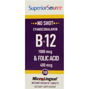 Superior Source No Shot Vitamin B12 Cyanocobalamin (1000 mcg), Folic Acid (400 mcg), Quick Dissolve MicroLingual Tablets, 100 Ct, Increase Energy, Boost Metabolism, Heart and Stress Support, Non-GMO