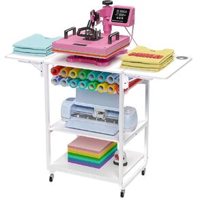 Crafit 3 Tier Movable Heat Press Table, Foldable Heat Transfer Machine Stand with Vinyl Roll Holder, Heavy Duty Rolling Metal Workbench for DIY Sublimation Transfer Machine and Sublimation Printer