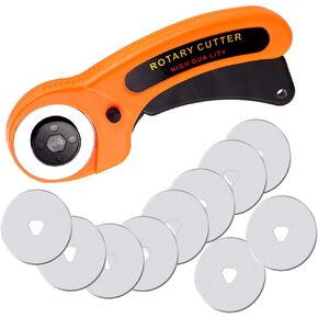 Rotary Cutter, 45mm Rotary Cutter for Fabric, Rotary Fabric Cutter with Safety Lock, Included Extra 10 Pack 45mm Replacement Blades, Ergonomic Rotary Cutter Tool for Quilting Sewing Arts Crafts