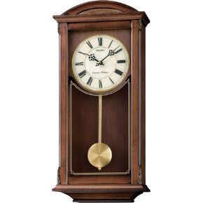 SEIKO Arched Wall Clock with Pendulum and Dual Chimes, brown, 21 x 10 x 4 Inch
