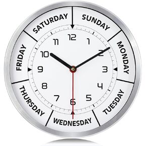 Lafocuse Silent Non Ticking Day of The Week Wall Clock Widened Metal Frame,Silver Retirement Clock for Seniors,12 Inch Kitchen Day Clocks for Living Room Office Bedroom-No Second Hand-Version 2.0