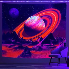PSYHILAR Black Light Posters for Adults and Teens, Outer Space Galaxy Planet UV Tapestry Blacklight Decor Wall Hanging (90 x 70 Inches)