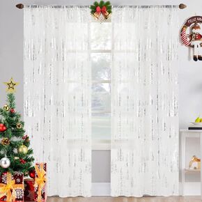 TOMORO Christmas Sheer Curtians for Living Room, Xmas Semi Sheer Curtain Luxury Gold Foil Tree Print Voile Sheer Curtains for Holiday Window Decoration, Set of 2 Panels