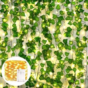 AIOR 12 Pack 84ft Fake Vines with Lights, Ivy Vines with 100 Led String Lights, Artificial Vines Green Vine Lights for Wall Hanging Vines Decor for Bedroom Party Indoor Outdoor Home Decor