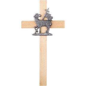 Needzo Reconciliation Wooden Wall Cross with Flag and Lamb Emblem, Religious Home Decor, 6 Inches