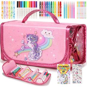 CozyJoyz Unicorn Fruit Scented Washable Markers Set 56 Pcs with Unicorn Coloring Book & Pencil Case, Art Supplies for Kids Art and Craft Coloring Set Birthday Gifts for Girls Age 4-10 (Pink)