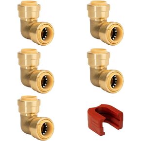 QuickFitting 1/2 Inch Push to Connect Elbow | Patented Design for Superior Sealing |Push On Brass Plumbing Pipe Fitting | for Copper, PEX and CPVC | 5-Pack 90 Degree Elbow Connectors