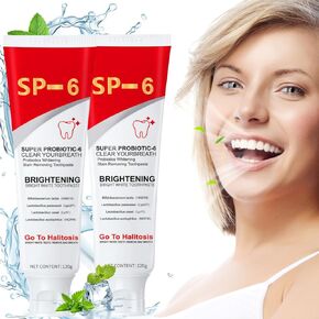 معجون أسنان تبييض بروبيوتيك SP-6، معجون أسنان تبييض فائق Sp-6، معجون أسنان سوبر بروبيوتيك 6، نفس منعش، معجون أسنان للعناية بالتنظيف العميق (قطعتان)