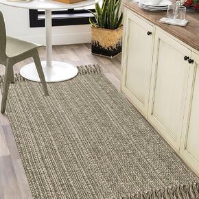 Boho Bathroom Rug, 2' x 3' Small Area Rug Hand-Woven Low Profile Entryway Rug with Tassels, Natural/Black Cotton Braided Reversible Washable Kitchen Mat Farmhouse Throw Carpet for Foyer Bedroom