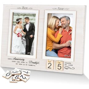 Then & Now Anniversary Picture Frame, 1-99 Years Wedding Gift Ideas - Anniversary Wood Photo Frame, Engagement Bridal Shower Gifts with Sentimental Quote - Holds 2 4x6 Inches Photos (Then & Now)