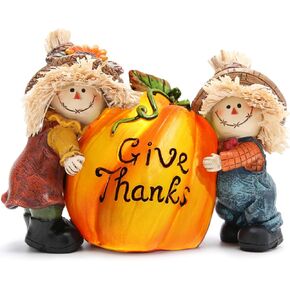 Hodao Fall Thanksgiving Resin Scarecrow Pumpkin Figurines - Adorable Scarecrow Embrace Pumpkin Decorations for Home Indoor Table Decor-Fall Thanksgiving Gifts