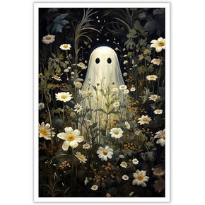 Htdsks Cute Ghost In Haunted Forest Canvas Wall Art Funny Spooky Poster Vintage Halloween Prints Painting Dark Academia Pictures Wall Decor 16x24in Unframed