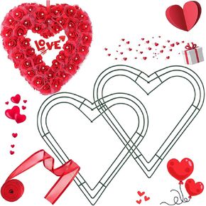 2 Pack 12 Inch Heart Wire Wreath Frame with 1 Roll Red Ribbon Heart-Shaped Metal Flower Wreath Frames for Wedding New Year Valentines Party Decoration, Dark Green