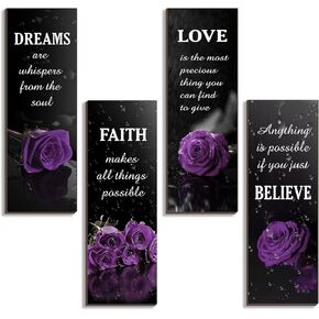 4 Pcs Purple Bathroom Decor Purple Rose Wooden Wall Decor Inspirational Farmhouse Signs With Faith Love Dream Believe Purple Decor For Women Office Bedroom Home Gift(Purple 12x4Inch)