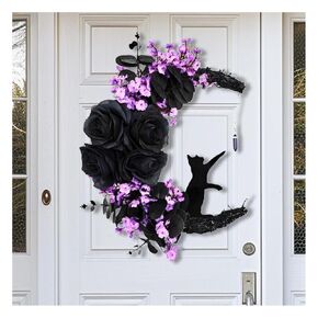 2024 New Halloween Cat Moon Wreath for Front Door with Black and Red Rose Flowers, Cat on Moon Half Rattan Wreath for Porch Wall Farmhouse Outdoor Decoration for Christmas