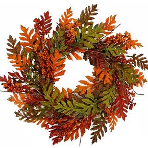 Artificial Fall Wreath for Front Door Autumn Door Wreath with Colorful Fall Oak Leaves,Orange Berries,dry vine branches for Front Door Indoor Outdoor Wall Porch Farmhouse Garden Home Decoration