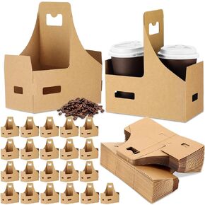 Janlaugh 50 Pack 2 Cup Drink Carrier with Handle 12-30 oz Disposable Coffee Cup Holder 7.7x3.7x8.8'' Kraft Paperboard Drink Holder Foldable Take out Cup Carriers for Drinks and Food Service Delivery